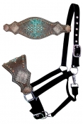 Showman Chocolate/Teal Ombre Gator Print Black Nylon Bronc Nose Halter With Antique Dots