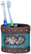 Horse Heads Toothbrush Holder With Blue Leather Accent