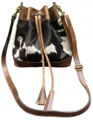 Showman Leather Bucket Hand Bag With Hair On Cowhide And Drawstring With Tassels