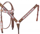 Showman Cactus And Diamond Beaded Design Headstall, Breast Collar, Reins Set With Copper Hardware