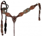 Rugged Ride Deluxe Leather One Ear Headstall and Breast Collar Set - Turquoise Flower Burst