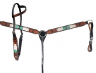 Rugged Ride Deluxe Leather One Ear Headstall and Breast Collar Set - Handpainted Feather and Tooled