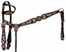 Rugged Ride Deluxe Leather One Ear Headstall and Breast Collar Set - Sunflower Turquoise Buckstitch