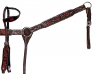 Rugged Ride Deluxe Leather One Ear Headstall and Breast Collar Set - Red Flower and Leaf Tooled