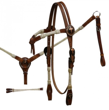 Showman Double Stitched Leather Rawhide Braided Furturity Knot Headstall,  Breast Collar, Reins Set