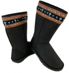 Comfy Fleece Lined Microsuede Boots - Black with Turquoise Stone Crosses - Seconds