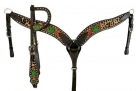 Showman Hair On Cheetah Inlay One Ear Headstall, Breast Collar And Reins Set With Painted Cactus