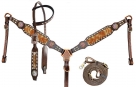 Showman One Ear Headstall, Breast Collar, Reins Set With Brindle Hair On Cowhide Inlay And Iridescen