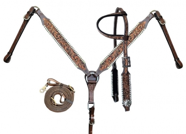 Showman One Ear Headstall, Breast Collar, Reins Set with Brindle Hair on Cowhide Inlay and Iridescen