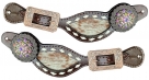 Showman Ladies Brindle Hair On Cowhide Inlay Spur Straps With White Stitching And Bronze Hardware