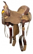 Double T Hardseat Barrel Style Saddle With Cheetah Print Inlay - 14, 15, 16 Inch