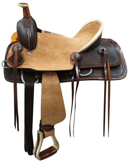 16 Basketweave tooled Buffalo roper style highback hardseat saddle.