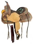 Double T Youth Hard Seat Saddle With Painted Teal Arrows - 12 Inch