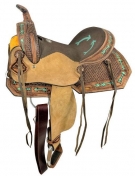 Double T Hard Seat Saddle With Painted Teal Arrows - 15 Inch