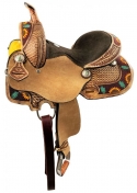 Double T Youth Hardseat Roughout Barrel Style Saddle With Cactus And Sunflower Beading - 12, 13 Inch