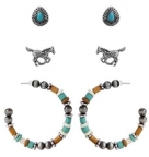 Wyo-Horse Turquoise Stone Set of 3 Earrings with Beaded Hoops - Horse